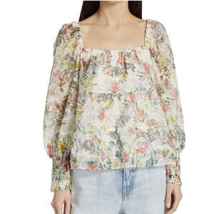 Alice + Olivia Top Women XS Rowa Floral Embroidered Eyelet Tiered Puffed-Sleeve